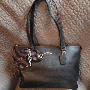 Coach Black Leather Tote with Patterned Scarf